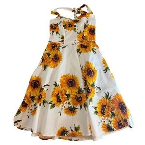 Backless Sunflower Halter Dress - White & Yellow